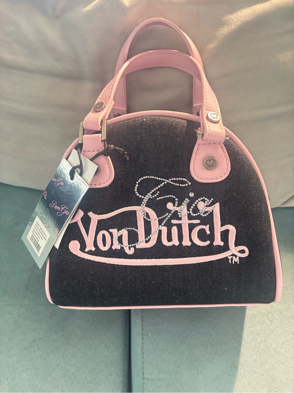 Von Dutch Black Velvet Mini Dome Satchel with Pink Trim